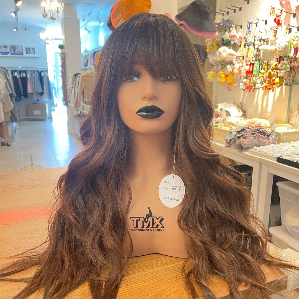 Human hair blend brown wig with bang
